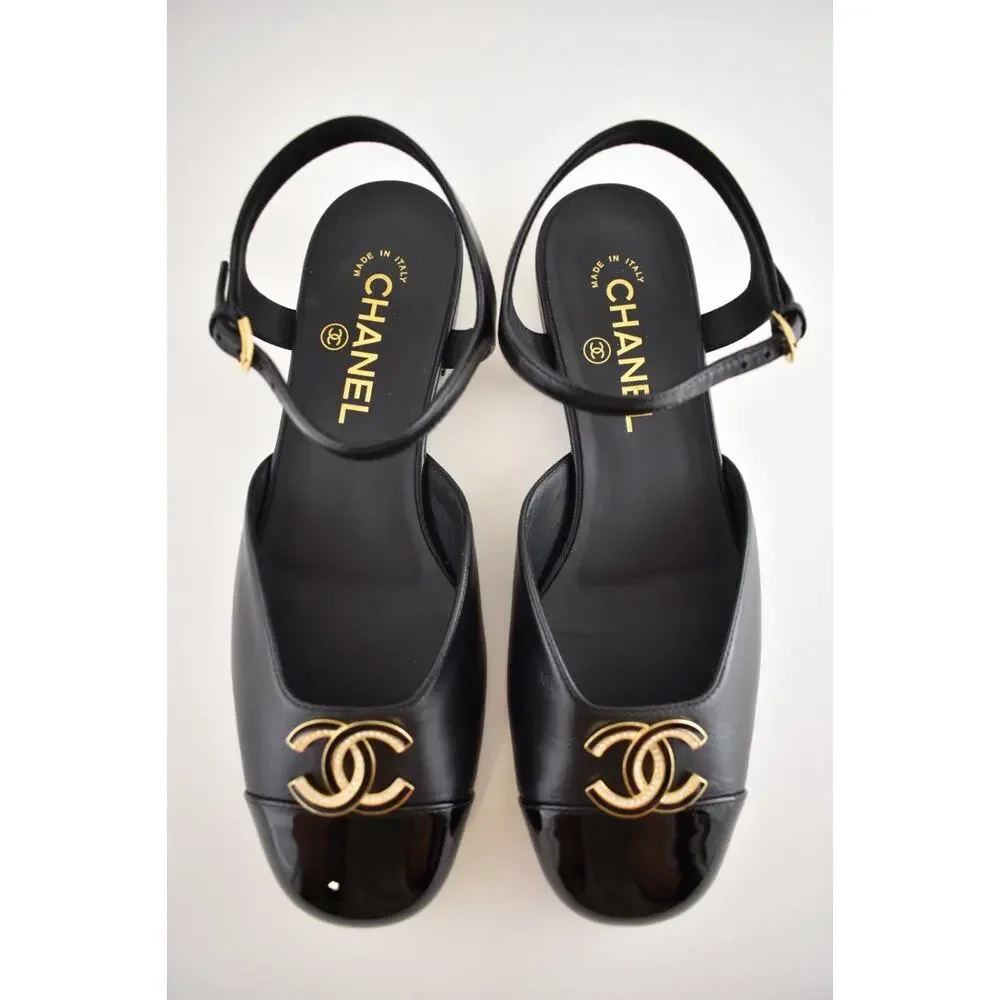 Chanel 25P Black Patent Gold CC Slingback Ankle Strap Ballerina Ballet Flat 36C